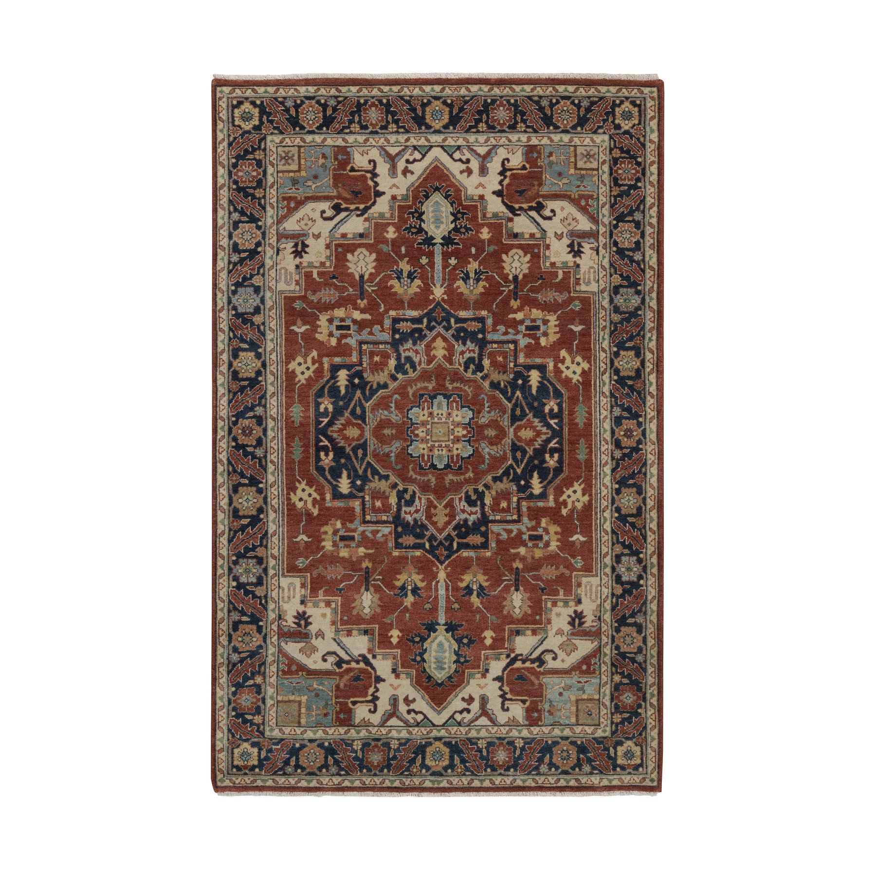 4'x6'2" Auburn Red, Antiqued Fine Heriz Re-Creation, Medallion Design, Hand Knotted, Hand Spun New Zealand Wool, Vegetable Dyes, Soft Pile, Denser Weave, Oriental Rug 